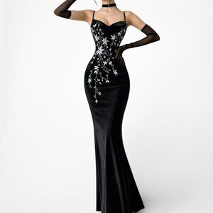 Vintage Black Velvet Floral Glitter Knit Maxi Bodycon Formal Prom Dress Size S/M